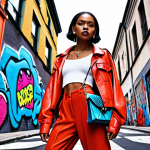 **

Prompt:  A vibrant street scene showcasing diverse and trendy outfits. Focus on capturing the essence of street style fashion with dynamic angles, bold colors, and a mix of textures. Include graffiti art in the background to emphasize the urban inspiration.  Use a realistic photographic style, aiming for a high-fashion editorial look.

**